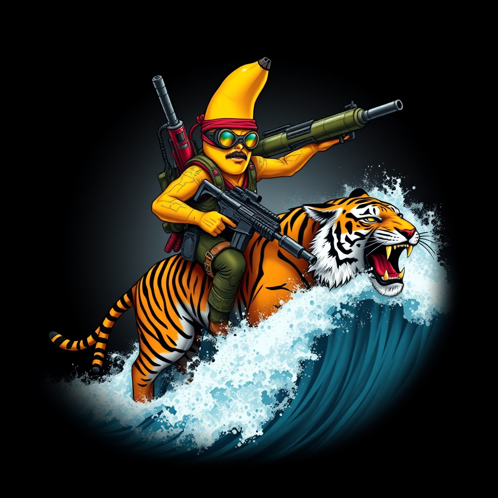 A tee shirt design of a sentient anthropomorphic determined banana man dressed in Rambo gear, carrying a huge rocket launcher with one hand, a huge chain gun in the other hand, while surfing on a Bengal tiger on a huge ocean wave. Epic design. Fading to black around the entire boundary of the image. Vibrant future punk colors.