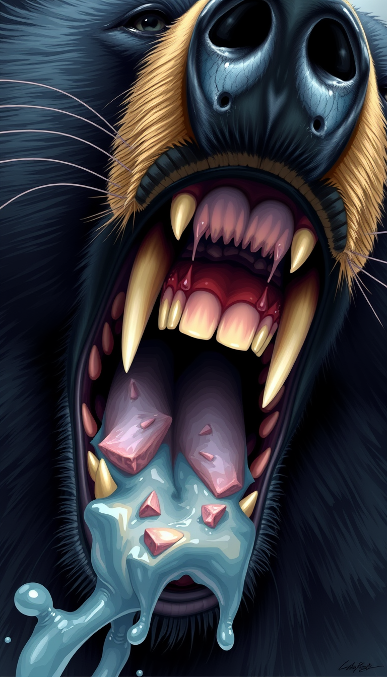 Furry art style, depicting the details of a black bear's mouth while it is feeding, with details of the throat, making the throat area bright, details of the teeth, saliva details, the entire mouth is involved.