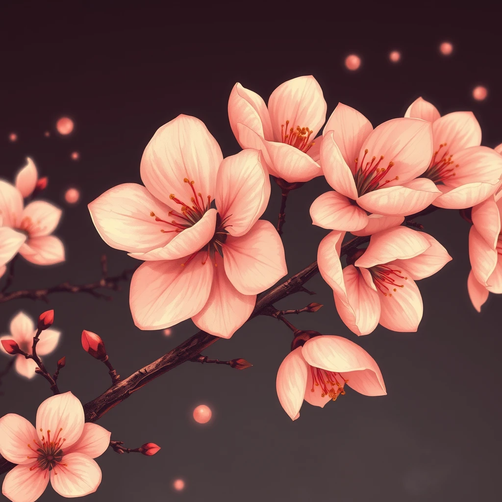 Peach blossom illustration, deep autumn tone and mood, gold tone added.