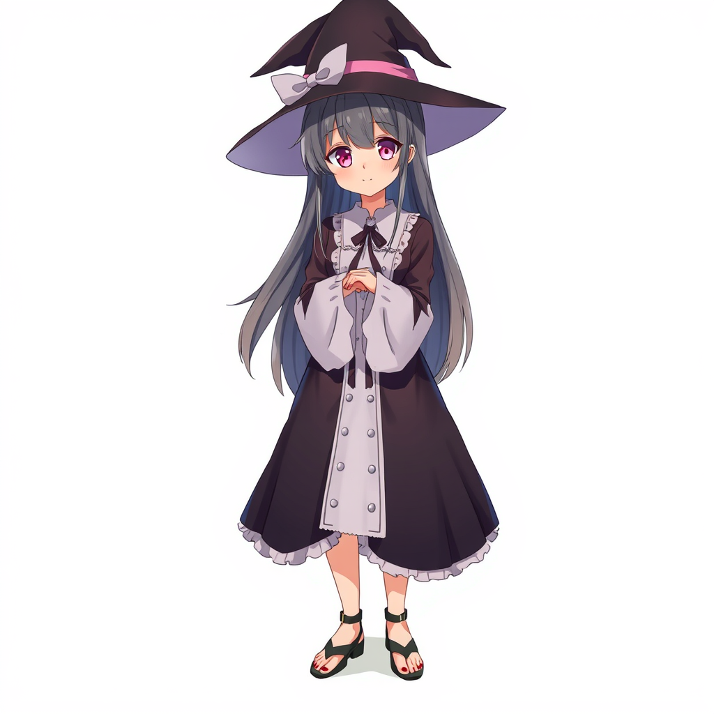 Anime illustration of a motherly woman witch, hairstyle, witch dress, natural reflective, detailed body, standing, white background, anime illustration, illustration quality, soft shadows.