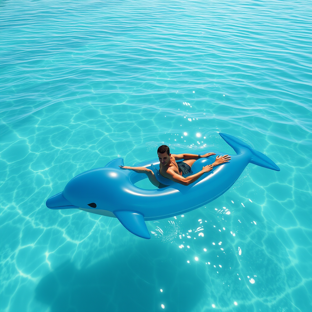 Realistic view of the Maldives, unreal engine 5, life simulator, he swims in the sea floating on an inflatable transparent blue dolphin, with fins and tail.