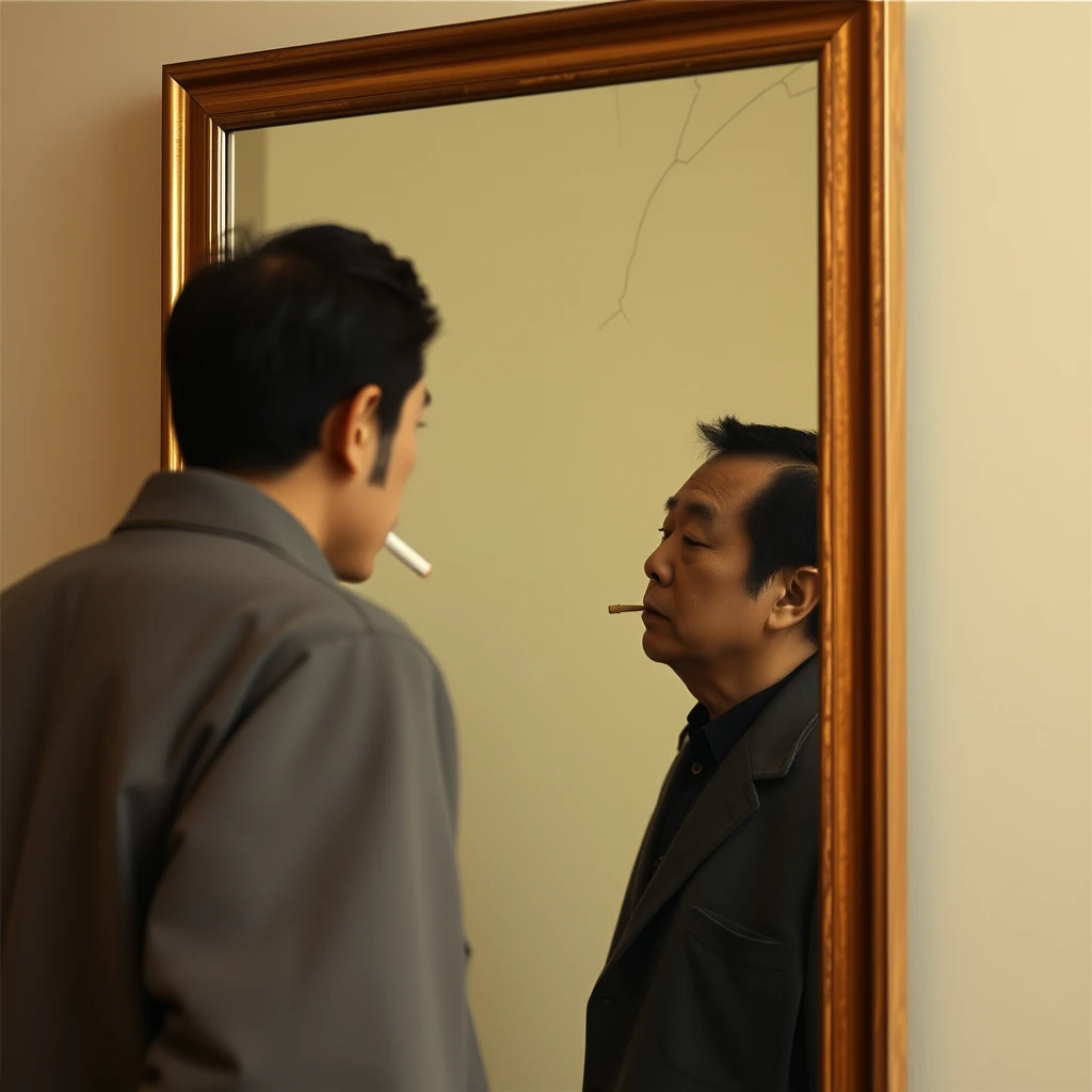 A Japanese man is smoking while looking in a large floor mirror, which has cracks in it.