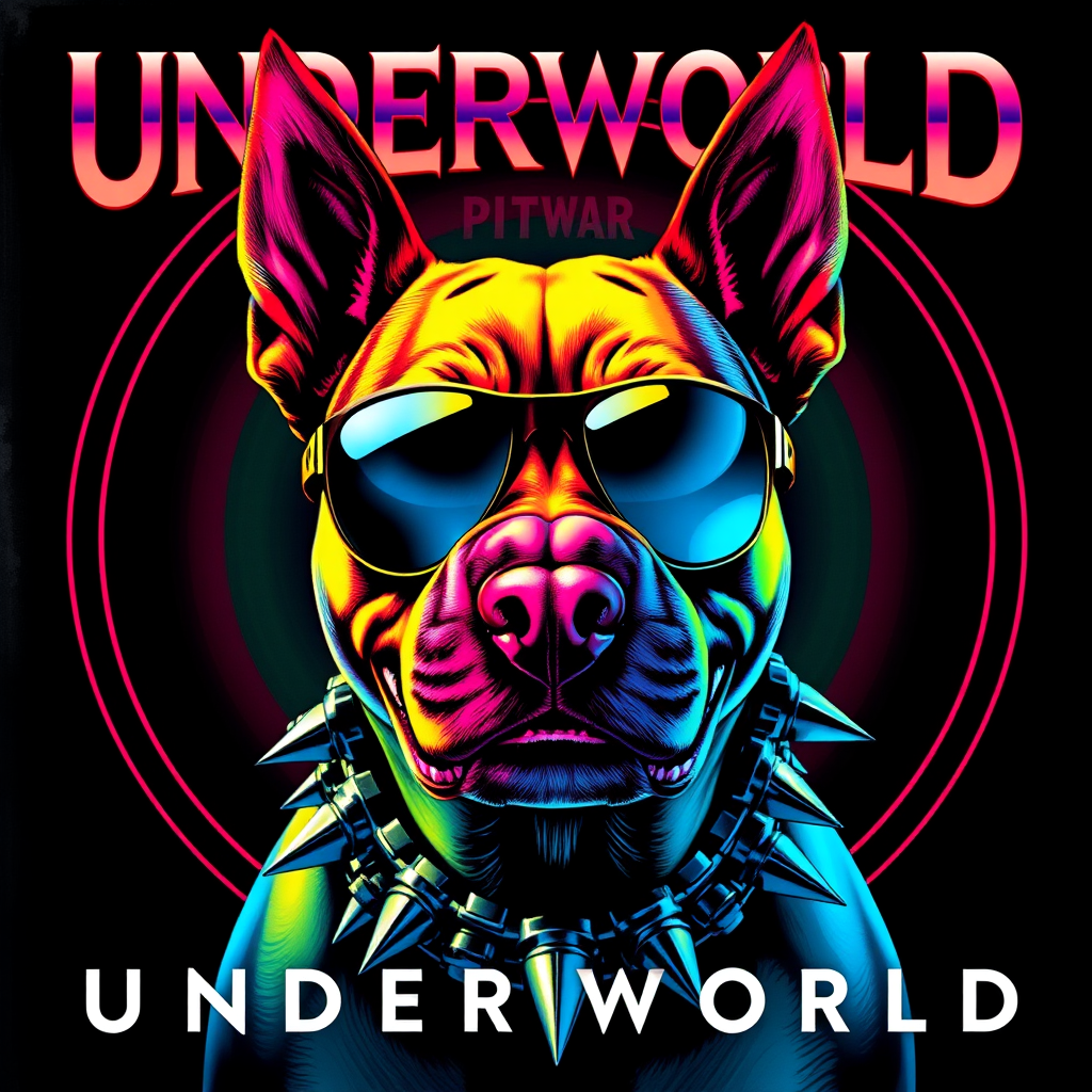 A stunning and vibrant album cover featuring a fierce pitbull, the symbol of the underground music scene known as Underworld. The pitbull is portrayed as a rockstar, wearing sunglasses and a collar adorned with spikes. Its fur is a brilliant mix of neon colors, creating a striking contrast against the dark background. The overall vibe of the cover is energetic and edgy, with a sense of rebellion and rock 'n' roll attitude.