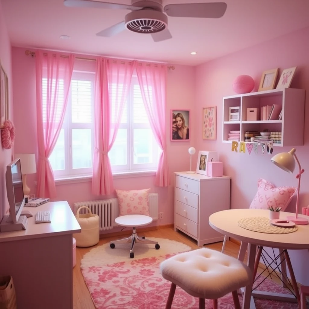 Make a girl's room warm and cozy, with light pink furniture and decorations, a computer, mobile phone, pillows, tables, and chairs.