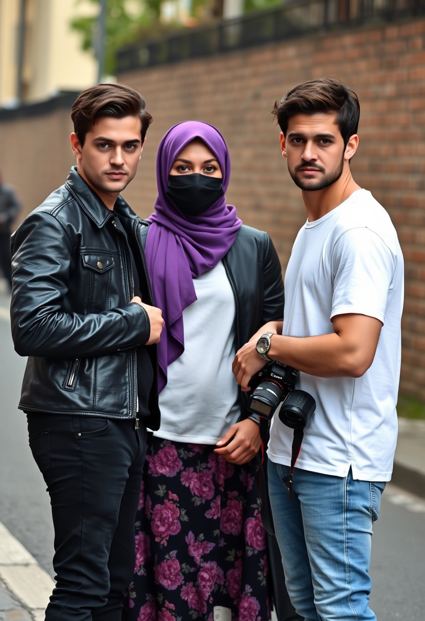 Jamie Dornan and Freddie Prinze head and body shot, handsome, young, serious face, dark brown hair, white T-shirt, college jacket, skinny jeans, sneakers, standing, talking to each other with a not tall purple hijab Muslim girl, beautiful eyes, face mask, black leather jacket, biggest floral skirt, holding a DSLR Canon camera, near town road, superbike, hyper-realistic, street photography, brick wall, full body photo.