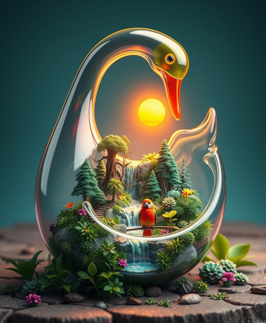 A captivating 3D render illustration of a fantastical ecosystem encapsulated within a magnificent, swan-shaped bottle. The colorful, transparent glass reveals a miniature world teeming with life, featuring a lush forest, cascading waterfall, and a miniature sun casting warm, golden rays across the scene. The vegetation is a harmonious blend of vivid greens, while a small, vibrant bird finds refuge on a branch. The overall atmosphere is enchanting and surreal, masterfully showcasing the beauty and wonder of nature in a whimsical and imaginative manner., illustration, 3d render. - Image