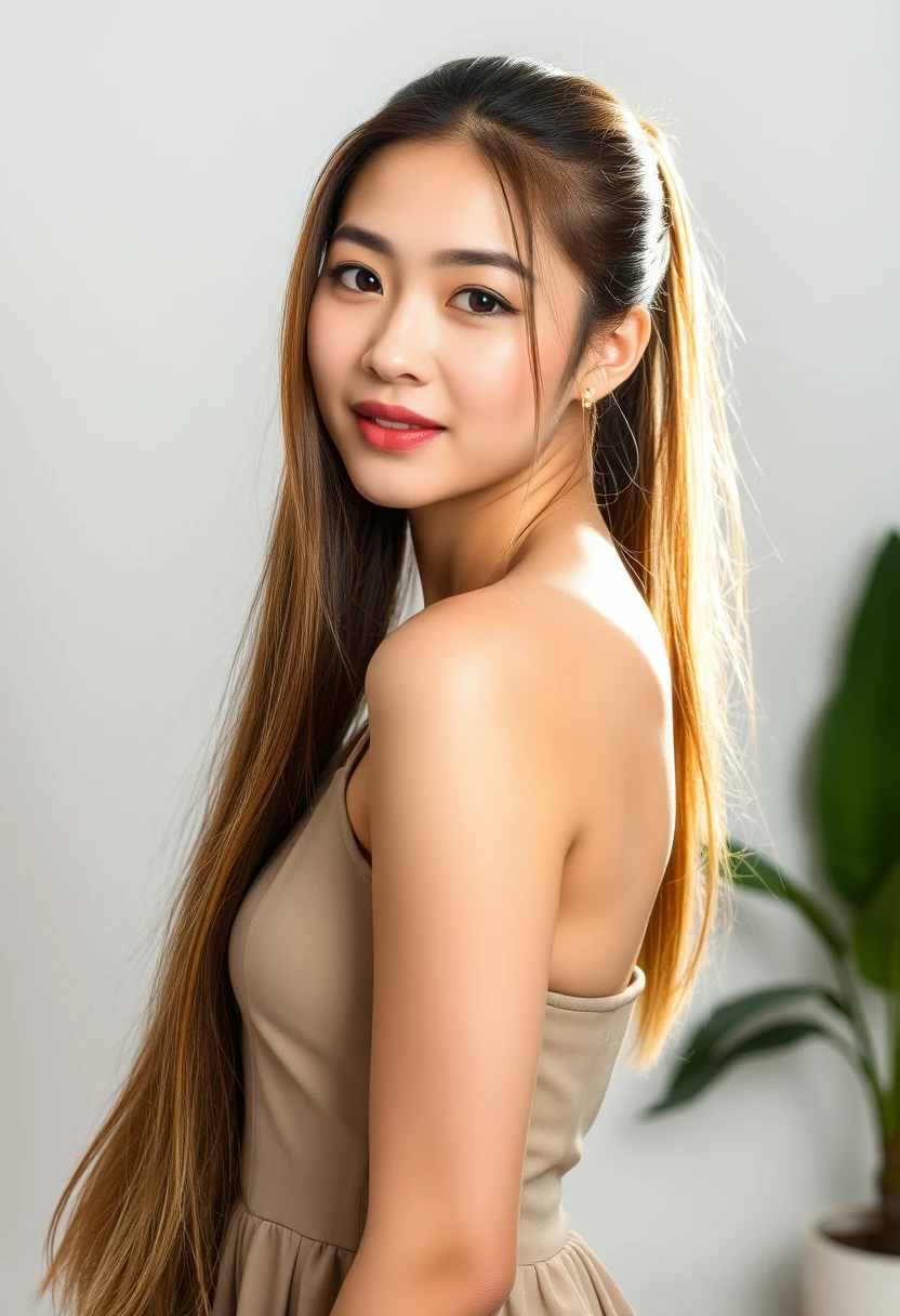 Create a real photo in a realistic photo style, depicting a 27-year-old Asian woman with her hair tied into a ponytail, her beautiful body, and indoor lighting, creating an atmosphere of maturity and confidence. Make sure to capture her unique and alluring qualities in a way that accentuates her long hair. Wearing a simple dress, light makeup, pure white background, full body photo.