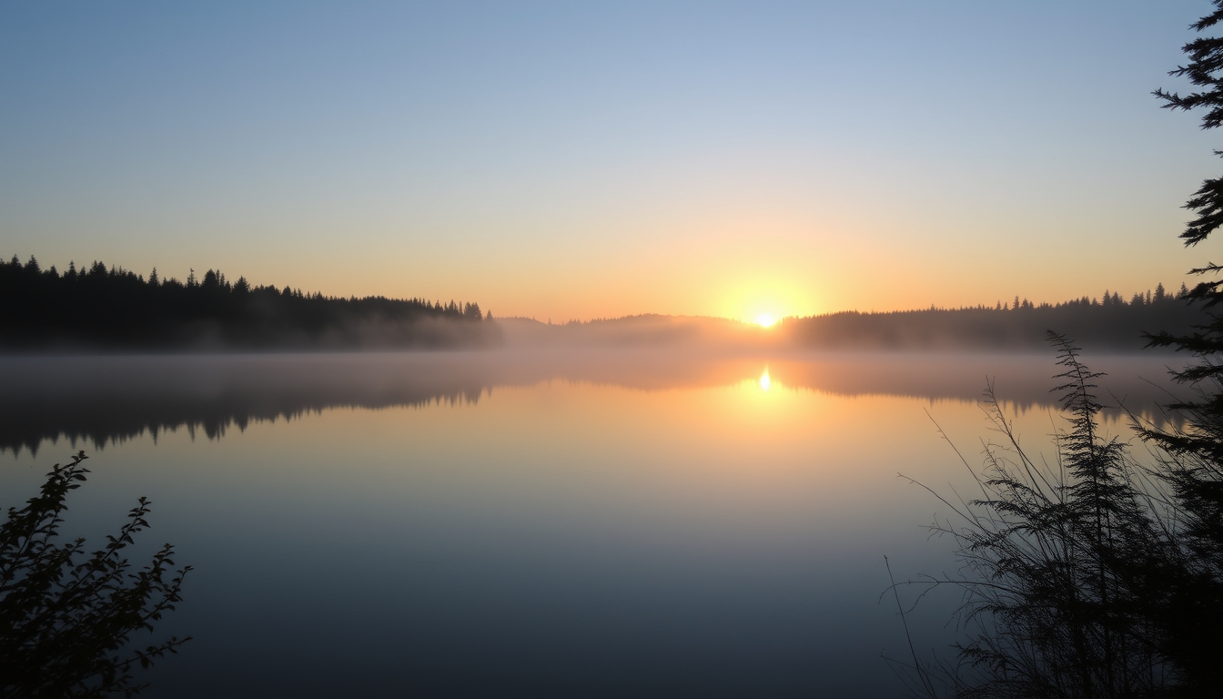 A tranquil lake reflecting a misty sunrise in a forest setting. - Image