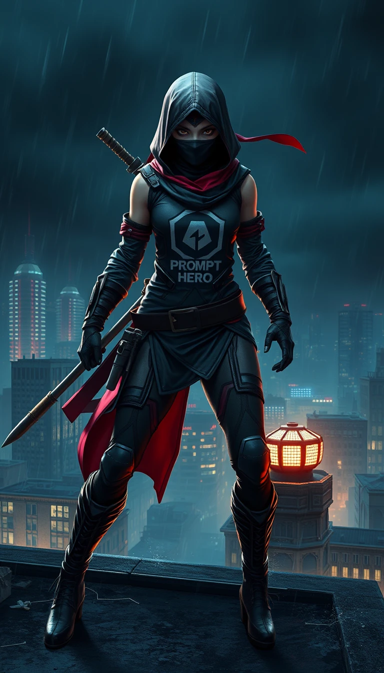 Digital artwork, concept art, a female ninja with Prompt Hero logo on her chest, standing on a rooftop with a dark dystopian city in the background, dynamic pose, fierce, comics style, extremely intricate, extremely detailed, ominous lighting, dramatic lighting, dark stormy night, shot with Hasselblad, long exposure.