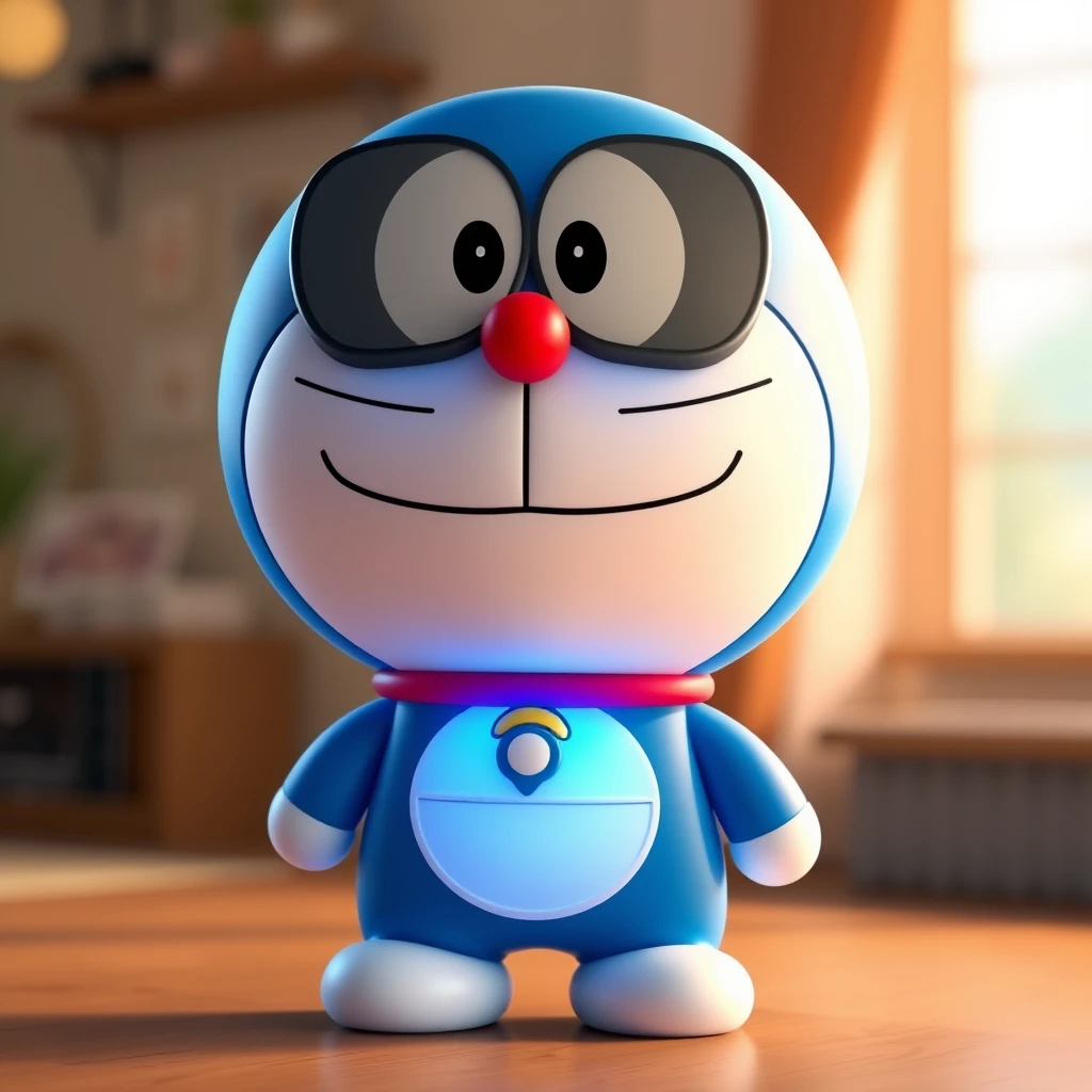 Pixar Style, 8K, this is an avatar, 3D, Doraemon, with full body and a cute smile, the body color blue, shows growing blue light.