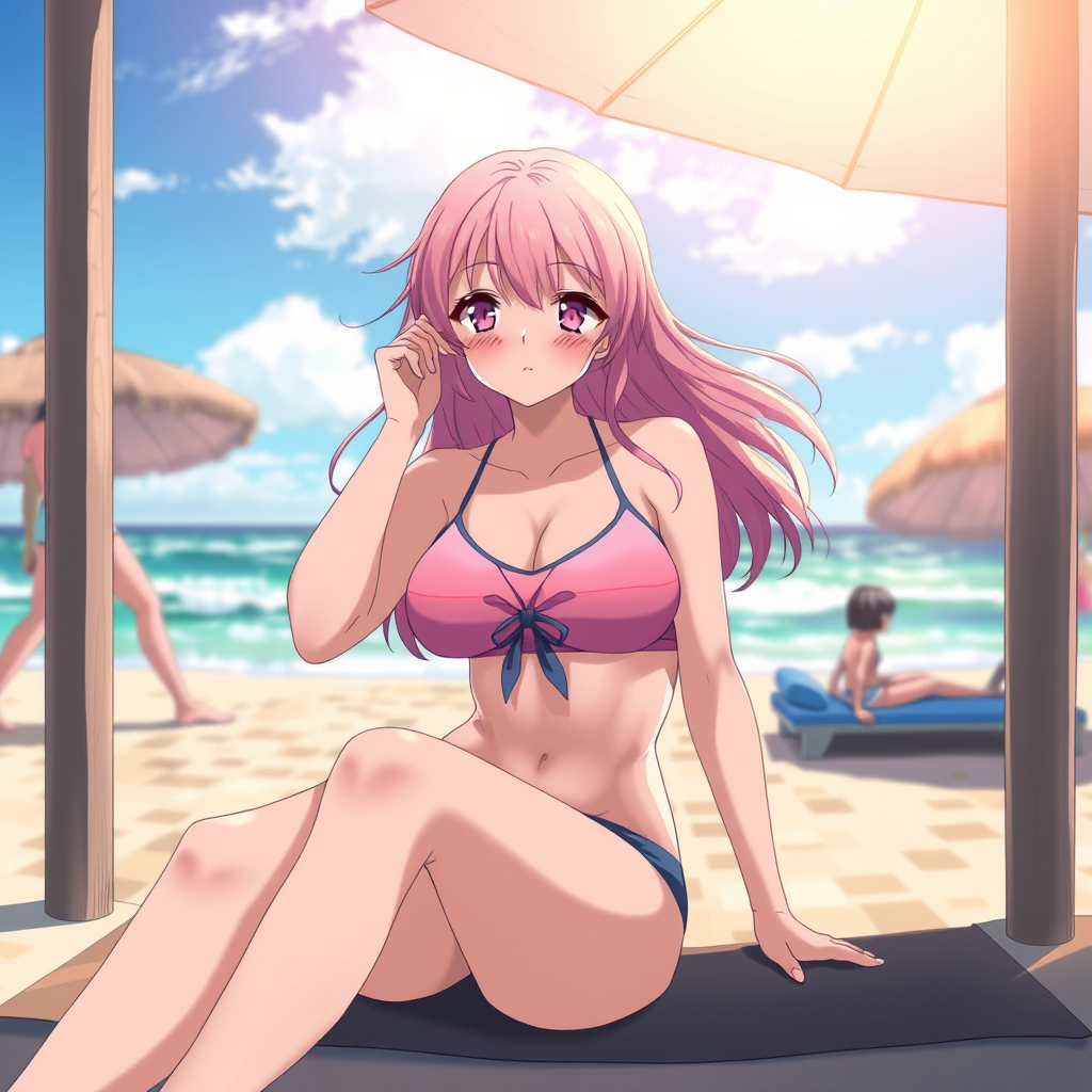 Anime art of a motherly woman, medium shot, pink hair, school swimsuit, detailed scene, sitting at beach, stunning details, trending on artstation, anime artwork, anime cel shading, detailed soft shadows - Image