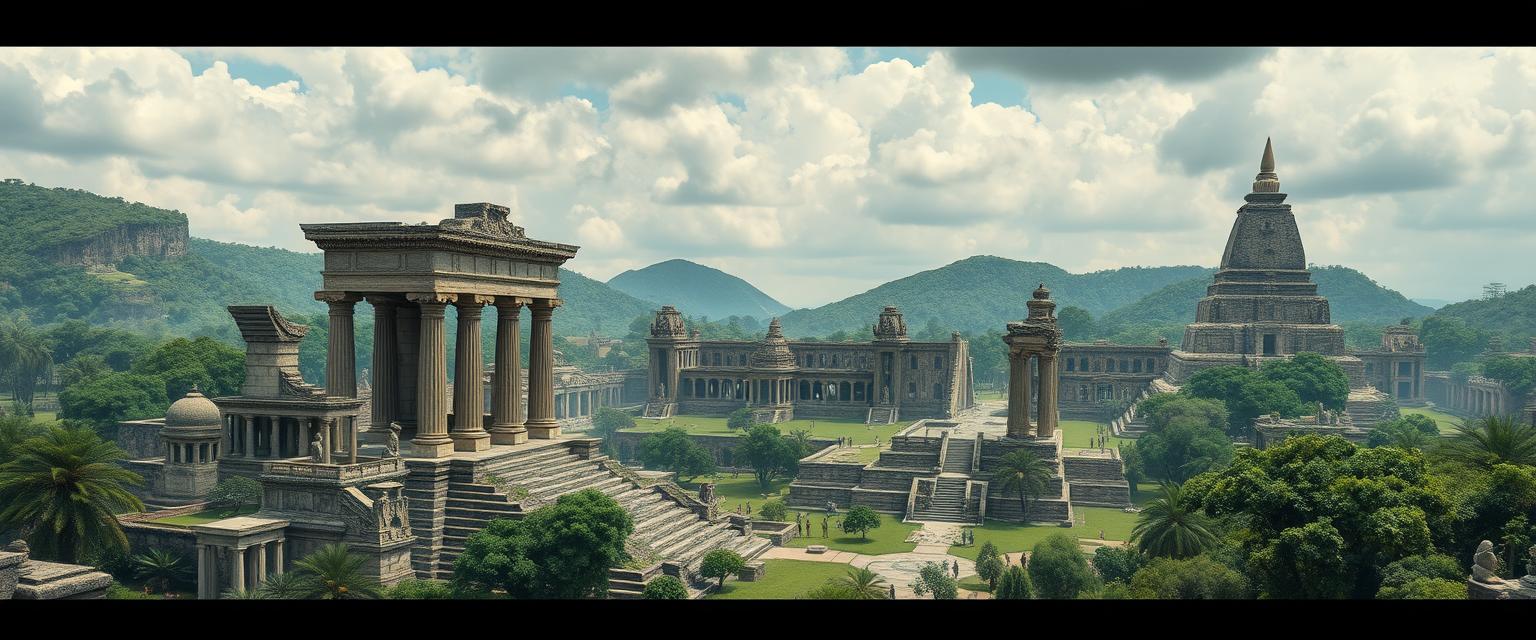 Grand, ancient ruins, historical, archaeological, high quality, photorealistic, mystical, lost civilizations, stone structures, lush greenery, mysterious, UNESCO World Heritage Site, panoramic, breathtaking::1.5 hieroglyphs, temples, palaces, pillars, statues, sacred sites, ancient tombs, hidden chambers - Image