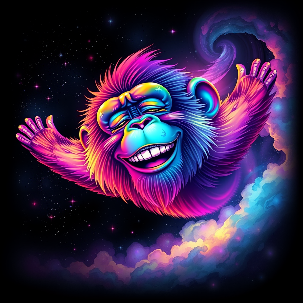 A captivating digital painting of a happy ape soaring through a dreamy, cosmic landscape. The ape sports a vibrant rainbow color palette, with flashes of color interspersed throughout the scene. The background features a starry cosmos with swirling galaxies and nebulas. The ape's eyes are closed, exuding a serene expression, while its serene smile is a testament to its peaceful state. The glitchy edges, fading to black, add a unique and striking touch to the design. The subtle acid rainbow cubic glitch effect adds depth and visual intrigue to this mesmerizing, dreamy tee shirt design.