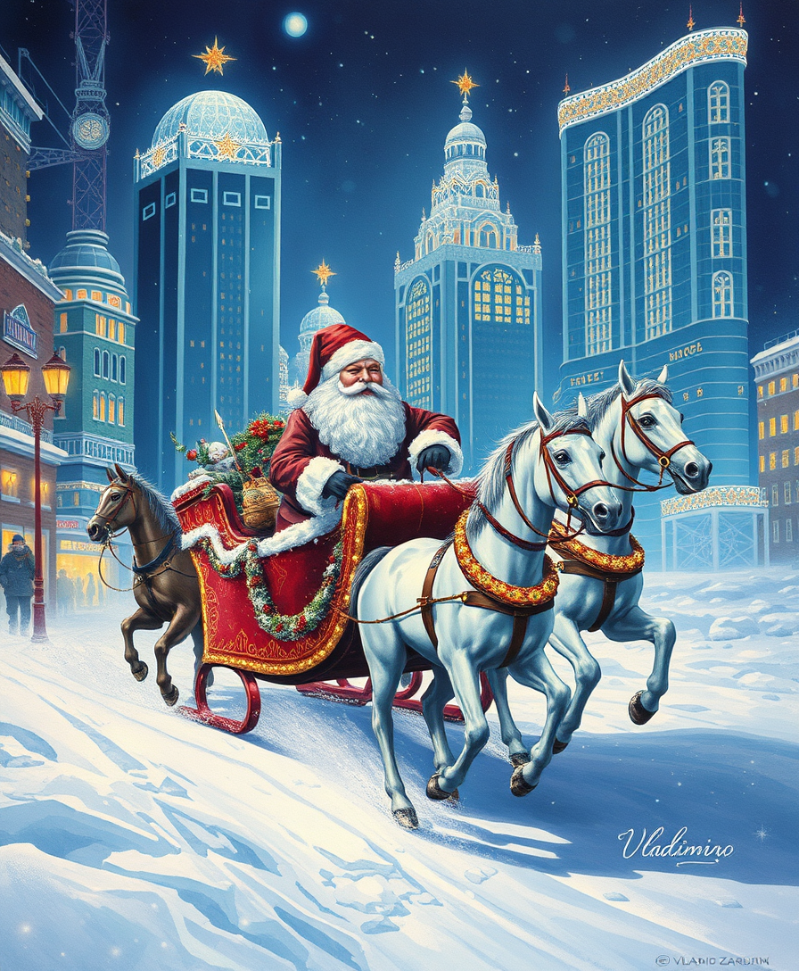 "Russian Snow Grandfather rides in a festive sleigh pulled by three horses through a futuristic city decorated with Christmas lights. A postcard by the artist Vladimir Zarubin."