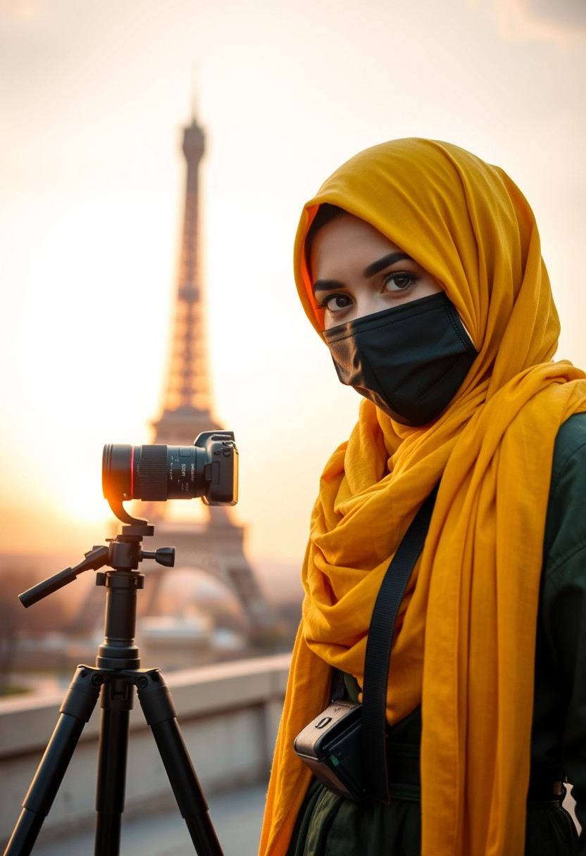 Biggest hijab yellow Muslim girl, beautiful eyes, face mask black, green army leather jacket pattern, biggest skirt, camera dslr canon, tripod, taking photos of Eiffel Tower, sunrise, morning scenery, hyper realistic, street photography. - Image