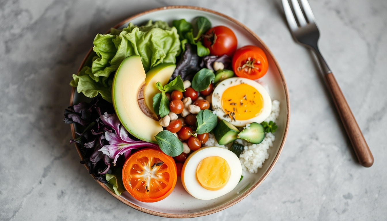 A beautifully composed shot of a healthy, plant-based meal, with vibrant colors and fresh ingredients arranged on a ceramic plate. - Image