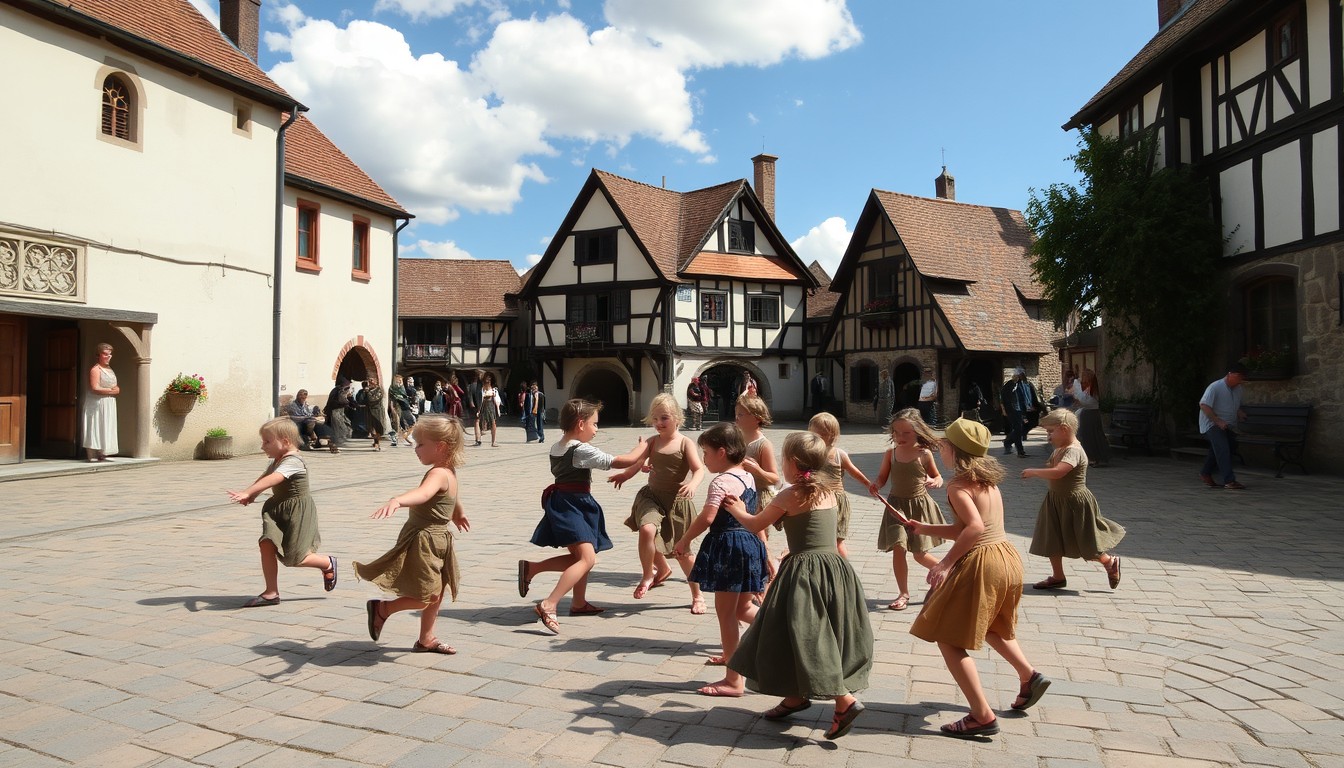 Medieval children frolic in the central square of the village, playing various traditional games.