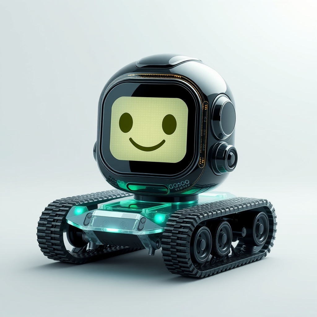 Cute aesthetic, a small and cute semi-transparent triangular tracked robot with an LED screen face, emoticon, stunning unreal engine render, intricate details, simple background. - Image