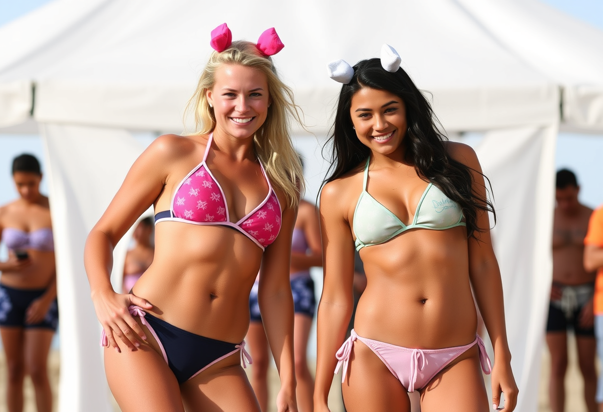 Two cheer campers compare which of them has the more revealing bikini.