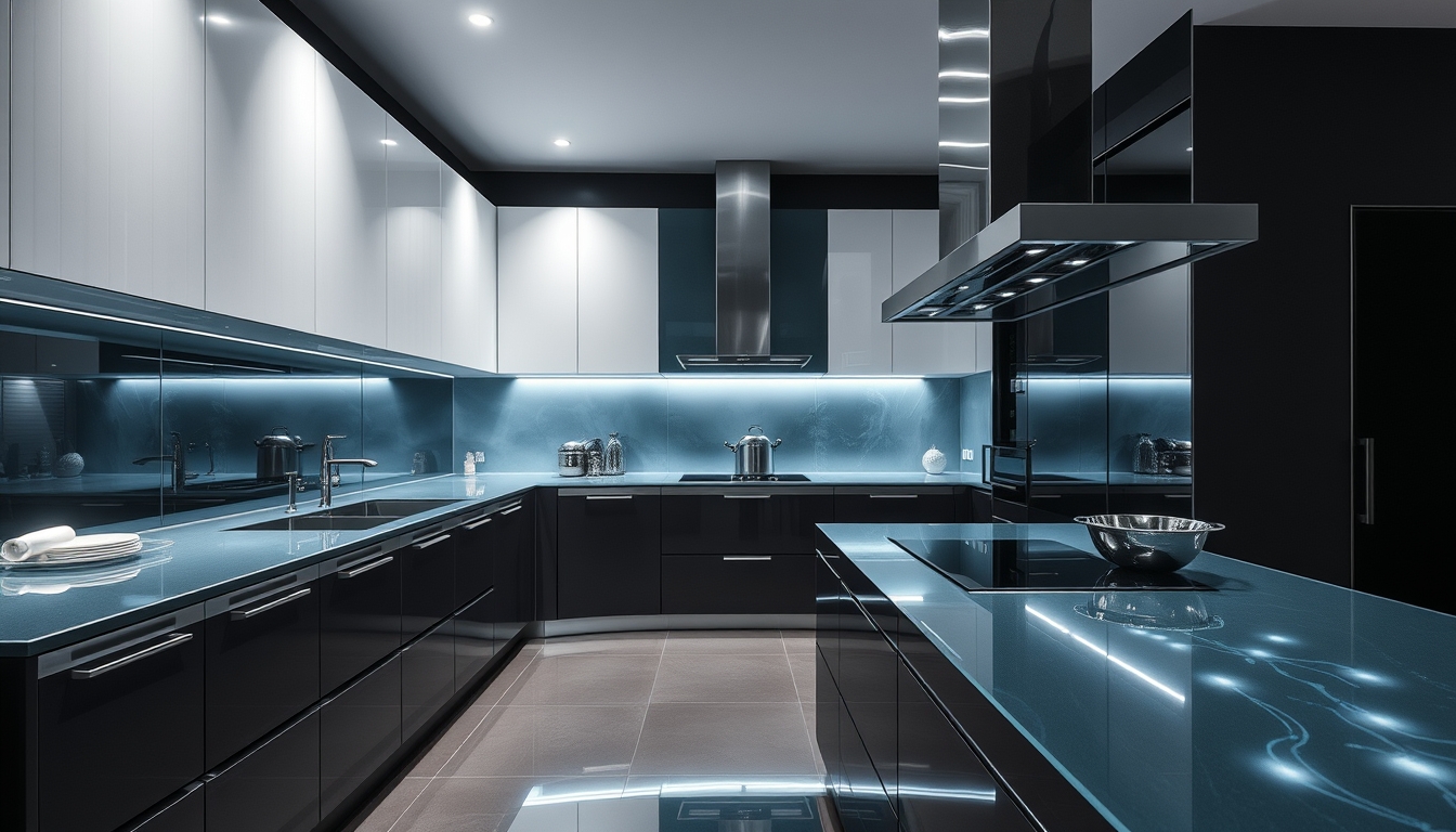 A sleek, modern kitchen with glass countertops and futuristic appliances. - Image