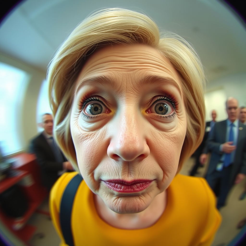 Silly fish-eye lens image of Hillary Clinton staring directly into the camera, befuddled look, raised eyebrow 🤨, motion blur.