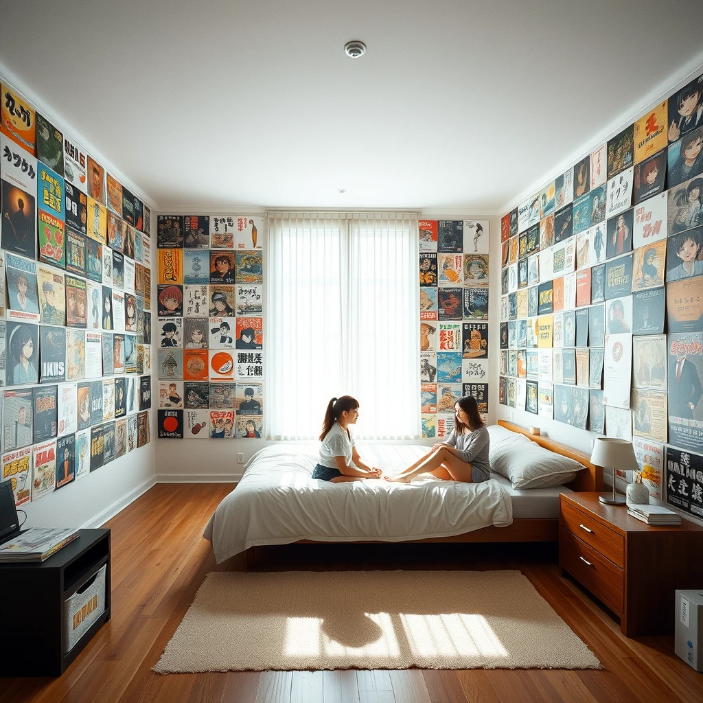 In a very large room, there is a big bed, and one wall of the room is covered with many posters of Japanese manga. Two female students are chatting on the bed.