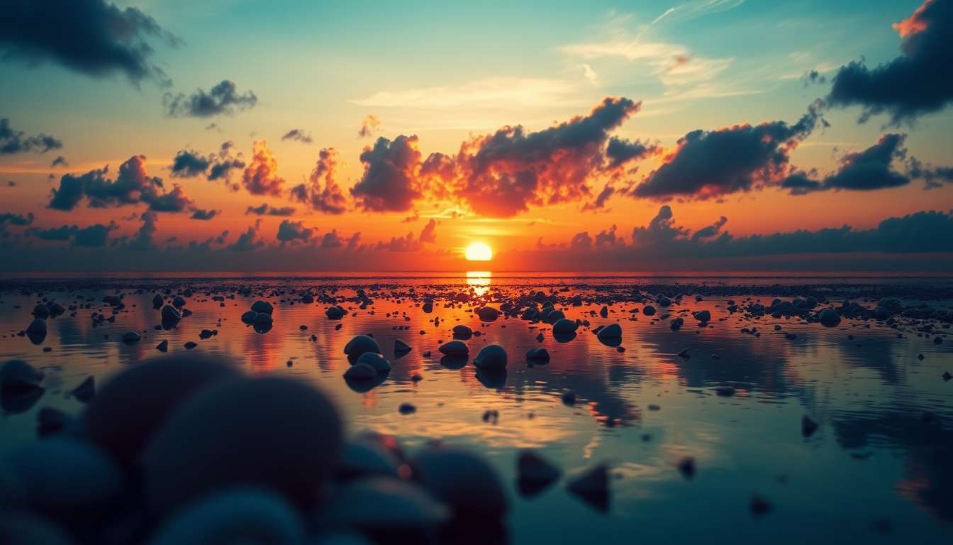 fiery sunset, clouds, high quality, photorealistic, evening sky, reflection, serene, seashells - Image