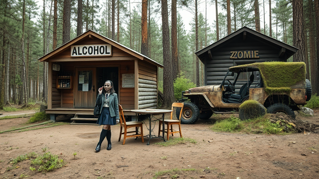 Real-life photography, wide shot: In the forest, there are two wooden cabins selling alcohol, and a dressed zombie comes to buy some. Next to the cabin, there are one table and two chairs, with a zombie wearing a hat sitting and drinking. There is also an abandoned off-road vehicle nearby, covered in moss and weeds. A Japanese female student wearing a school uniform skirt walks by.