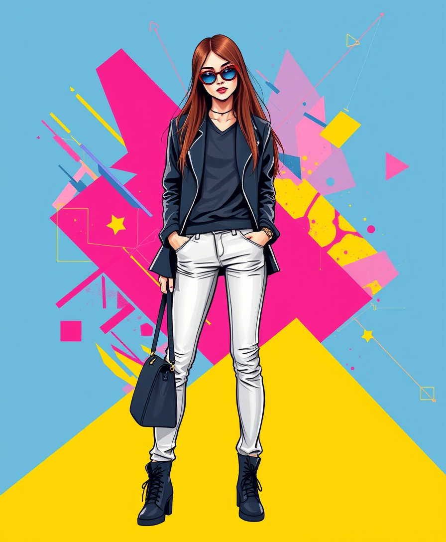 A stunning vector-style wallpaper featuring a fashionable young woman, dressed in a stylish outfit with a modern edge. She has long, straight hair and is standing confidently, holding a trendy bag. The background is a vibrant blend of colors, including blue, pink, and yellow, with geometric shapes that add depth and dimension. The overall design is clean and bold, perfect for a tech-savvy audience.