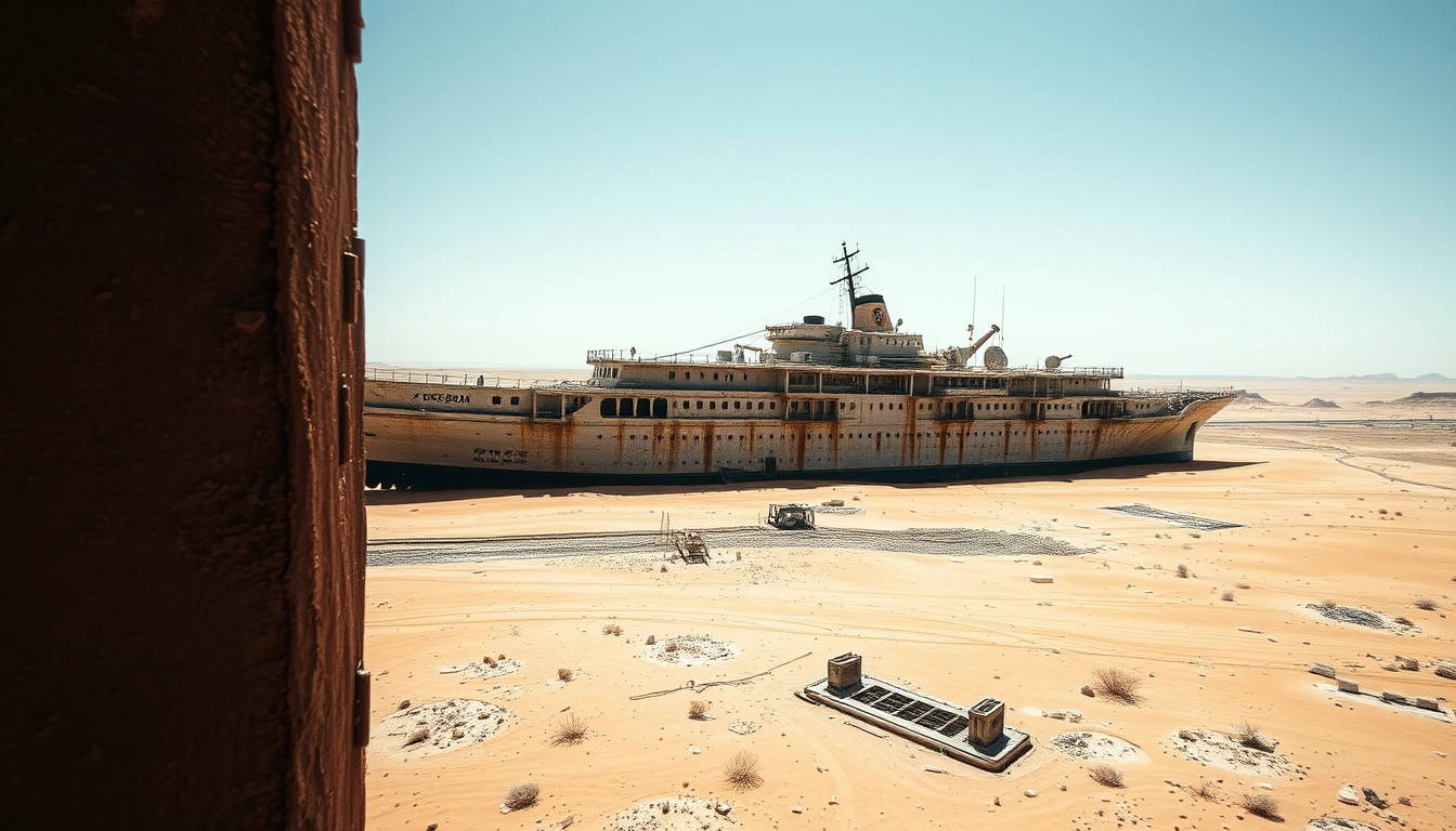 From a high vantage point, looking straight down, there is a huge cruiser on the desert floor. The cruiser has been abandoned for a long time, leaning at an angle in the sand, covered in rust.