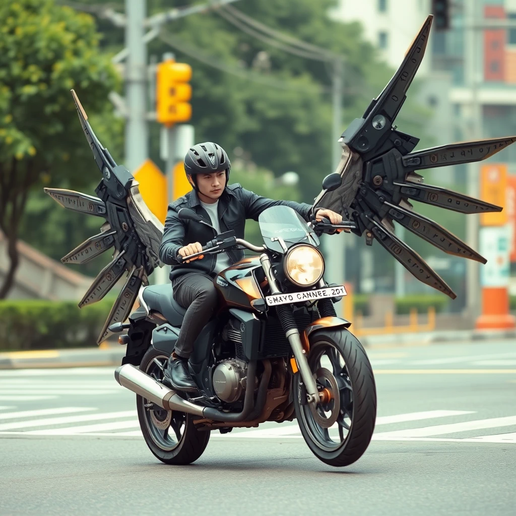 At the intersection, a handsome guy is riding a motorcycle, which has huge mechanical wings and is flying. There are Chinese characters or Japanese.