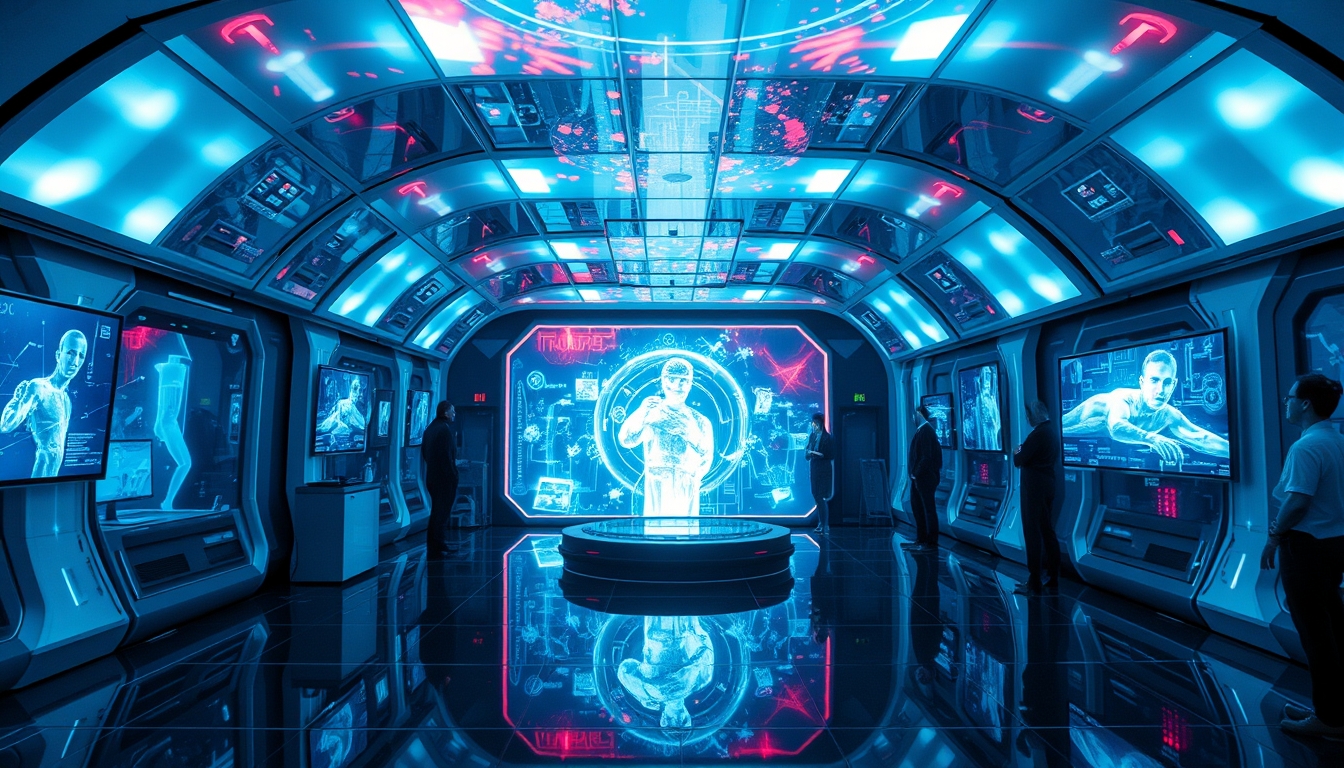 A futuristic room filled with interactive digital art, with holographic displays and immersive light installations. - Image