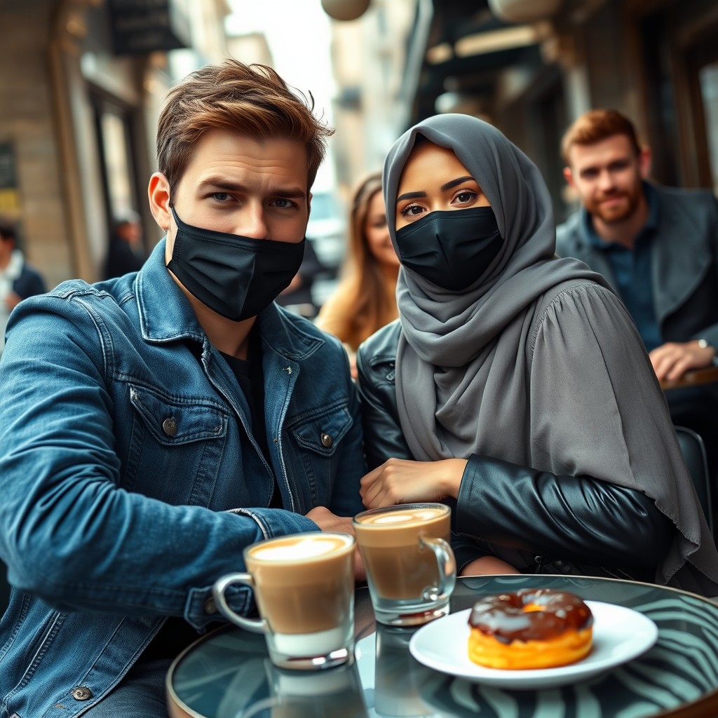 Jamie Dornan's head and body shot, handsome, wearing a black face mask, blue jeans jacket, jeans, on a date with a Muslim girl in a grey hijab, with beautiful eyes, black face mask, black leather jacket, the biggest zebra pattern skirt, at a cafe, with 2 cups of latte, a muffin cake, a chocolate donut on a table, along with another 3 friends smiling in the back, photorealistic, hyper-realistic, street photography, selfie. - Image