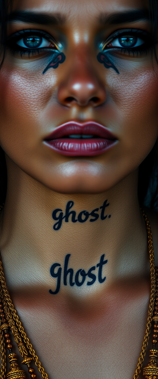 Close-up view of the tattooed neck of an Indian woman with beautiful facial features and blue eyes, with the word "ghost" written, wearing gold ornaments. - Image