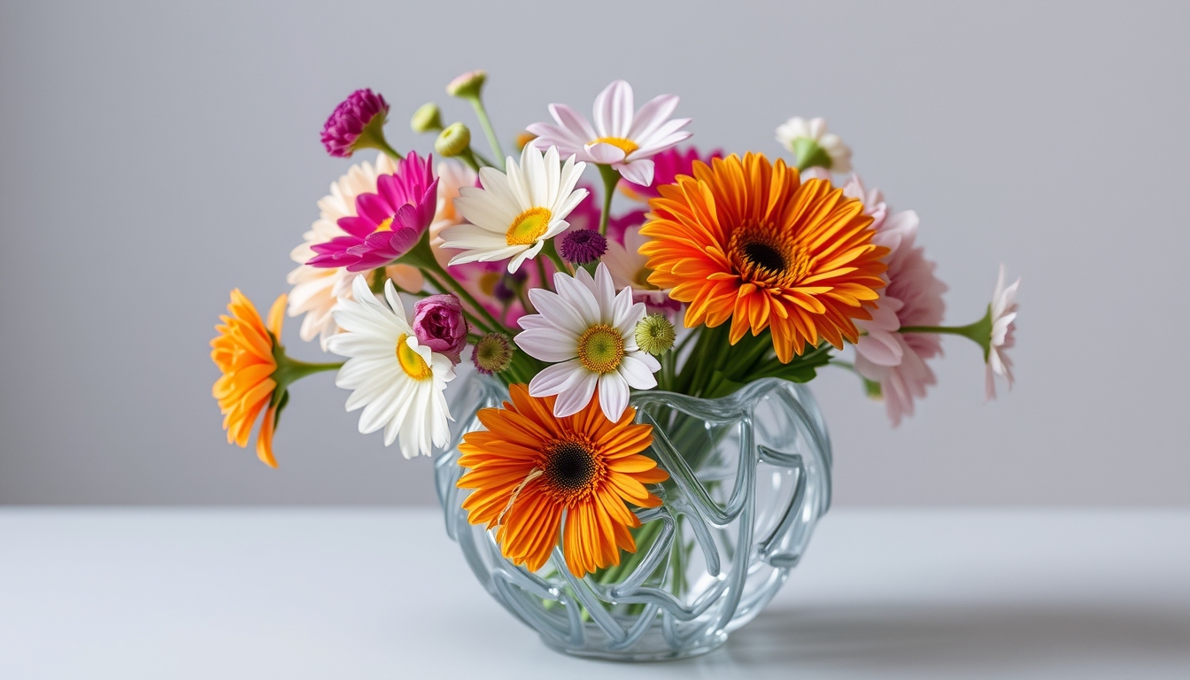 An intricate glass-blown vase filled with fresh, vibrant flowers. - Image