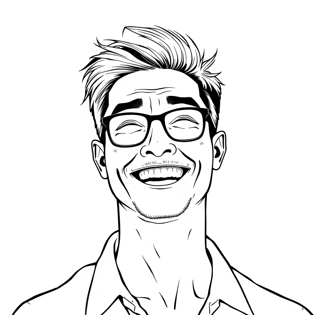 A cool black and white line drawing of a roughly 35-year-old man’s head, with short hair, Asian features, black thin-framed glasses, a slightly short beard, wearing a shirt, a rounded face with defined lines, a strong physique, clean and fresh skin, laughing heartily after winning.