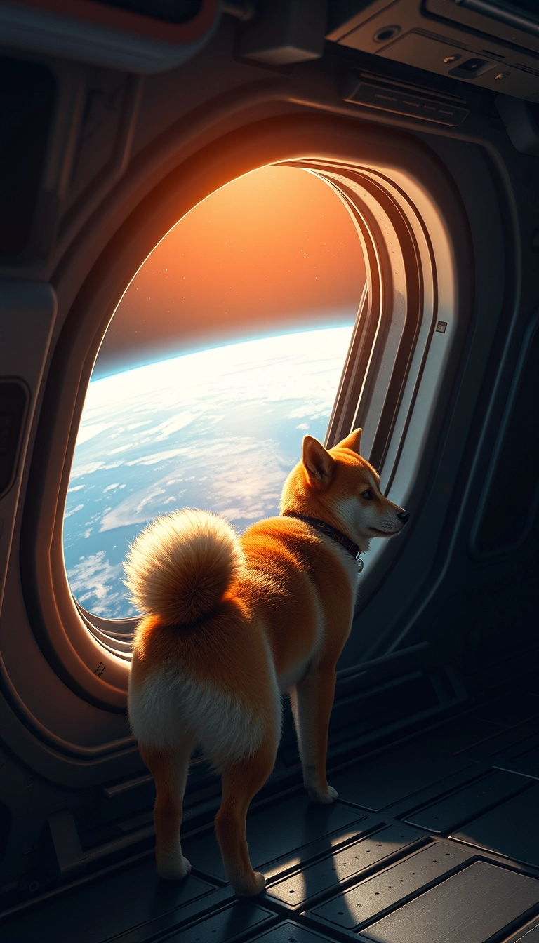 A small Shiba Inu stands by the window of a spaceship, looking outside; in the distance is Earth. High-definition quality, phone wallpaper, realistic, masterwork. - Image