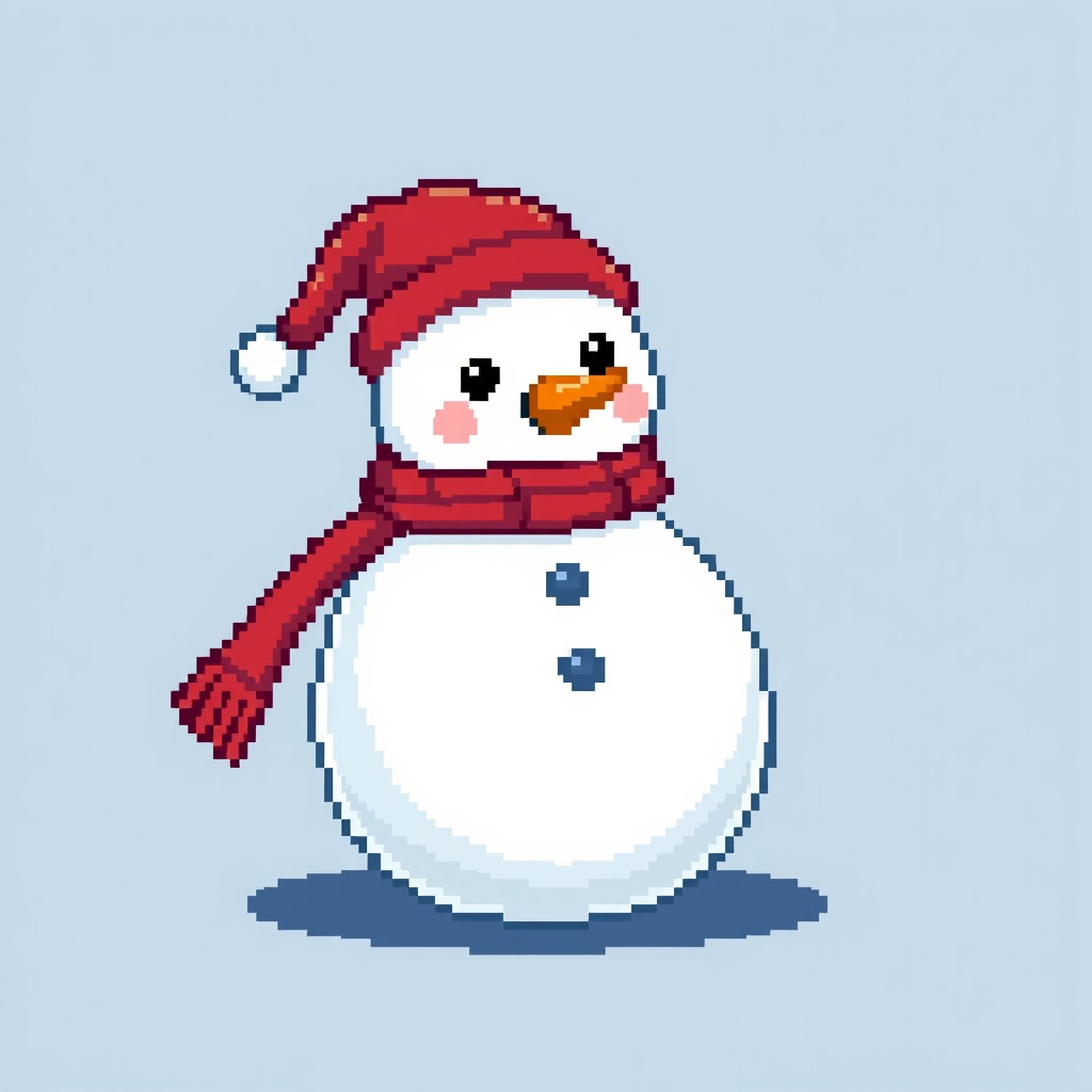 Create an 8-bit pixel art illustration of a cute snowman character. The snowman should have a round body, carrot nose, and small black eyes. It should be dressed in a red winter hat and scarf, with a simple and charming design. The overall style should evoke a retro video game aesthetic, with clean lines and vibrant colors.