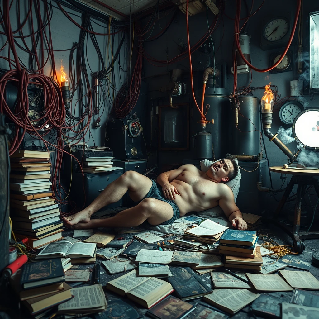 A real-life photograph, wide shot, of a handsome man with a good physique sleeping in the corner of a room. The room has some books scattered messily, and many wires of varying thicknesses are on the floor and in the air, including red, blue, yellow, and other colors. Additionally, there are some machines emitting steam and fire. The lighting is dim, and there are some plants.