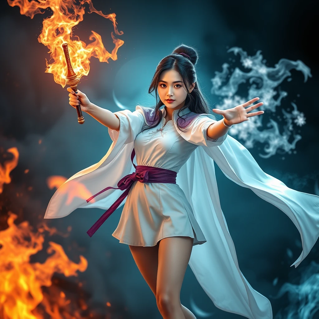 Asian female sorceress, casting blizzard spell, wand in right hand, surrounded by flames, short skirt, white cape, photorealistic, highly detailed, sharp focus, vibrant colors, dynamic pose, magical effects, cinematic lighting. - Image