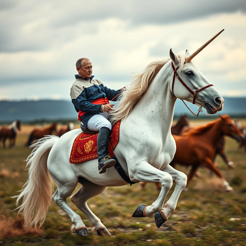 Putin rides a unicorn, photography, dynamic shot.