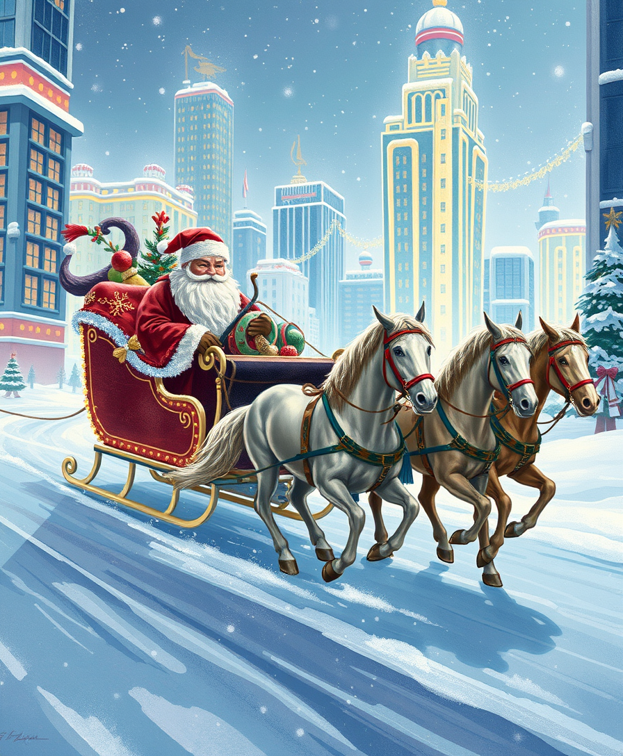 "Russian Snow Grandfather rides in a festive sleigh pulled by three horses through a futuristic city decorated with Christmas lights. Illustration by Vladimir Zarubin." - Image