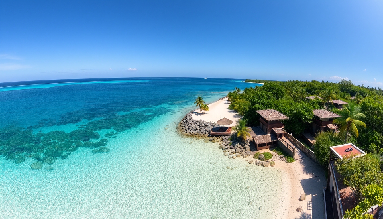 A panoramic view of a remote, pristine beach with crystal-clear waters, eco-friendly accommodations, and untouched natural beauty. - Image