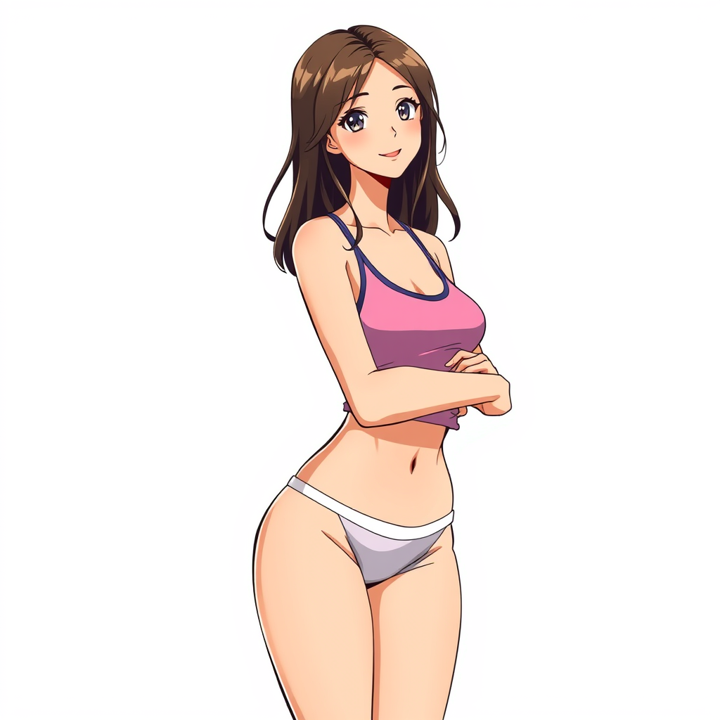 Pop art, anime illustration of a motherly woman, hairstyle, school swimsuit, natural reflective, detailed body, standing, white background, anime illustration, illustration quality, sharp cel shadows.