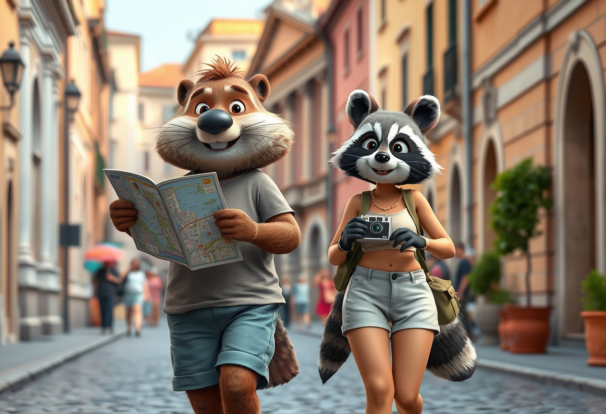 Create a charming scene of a beaver guy dressed in shorts and a t-shirt and a raccoon girl dressed in a crop top and shorts, both smiling as they casually stroll through the picturesque streets of Rome. The beaver should hold a map, eagerly pointing out landmarks, and the raccoon should carry a small camera, filming their adventures. The duo should look cheerful and curious, enjoying their whimsical journey together. Surround them with iconic Roman elements. The vibrant colors of the historic buildings should complement the vibrant atmosphere. This photo should evoke a sense of wonder, camaraderie, and playful exploration in one of the most beautiful cities in the world. 3d cartoon Pixar Style, Photorealism.