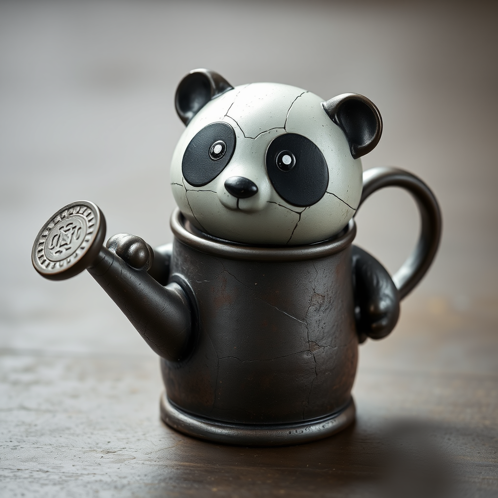 A panda-shaped watering can, made of iron, with a sense of history, abstract.