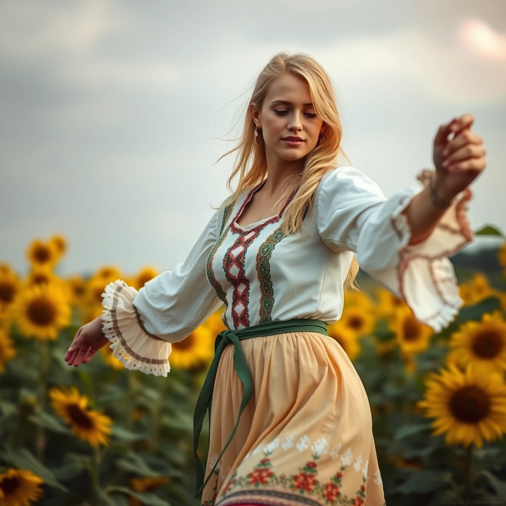 A Ukrainian woman dancing in a sunflower field, 20 years old, blonde, with light in her eyes, (Ukrainian traditional costume: 1.4), Style by Rick Remender, Motion blur, Movement, Full body, Award-winning work.