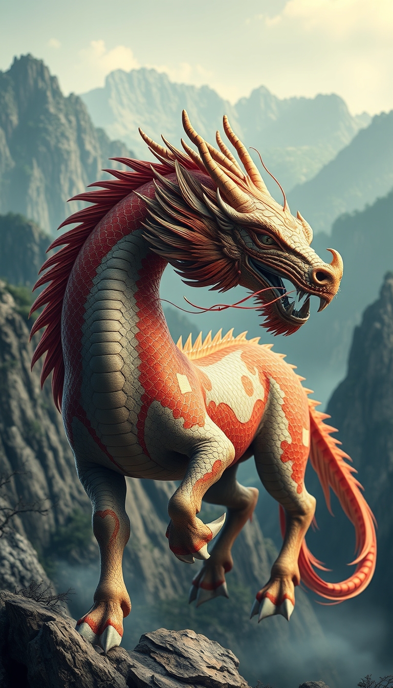 (ultra realistic) an oriental dragon combined with a horse body, China mountain background.