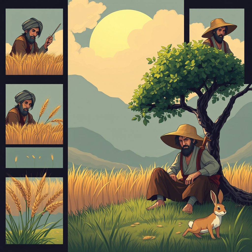 The image style is "cyberpunk," featuring an ancient farmer in a nine cell.  
The characters in each scene will all use the same farmer, ensuring that the face shape and clothing remain consistent throughout.  
Cell one is The farmer is harvesting wheat.  
Cell two is The farmer is sitting under a tree, a rabbit is rushing.