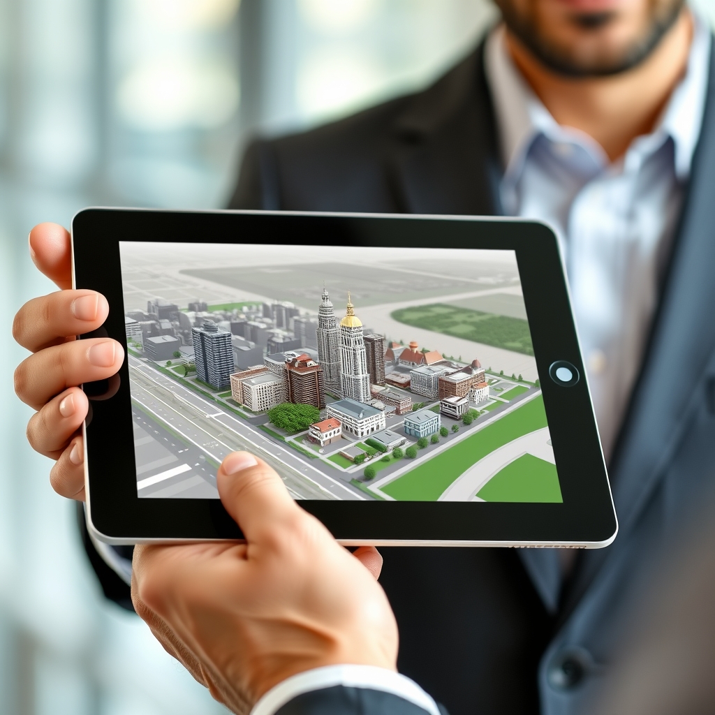 A real estate agent holding an iPad with a city model on the screen. - Image